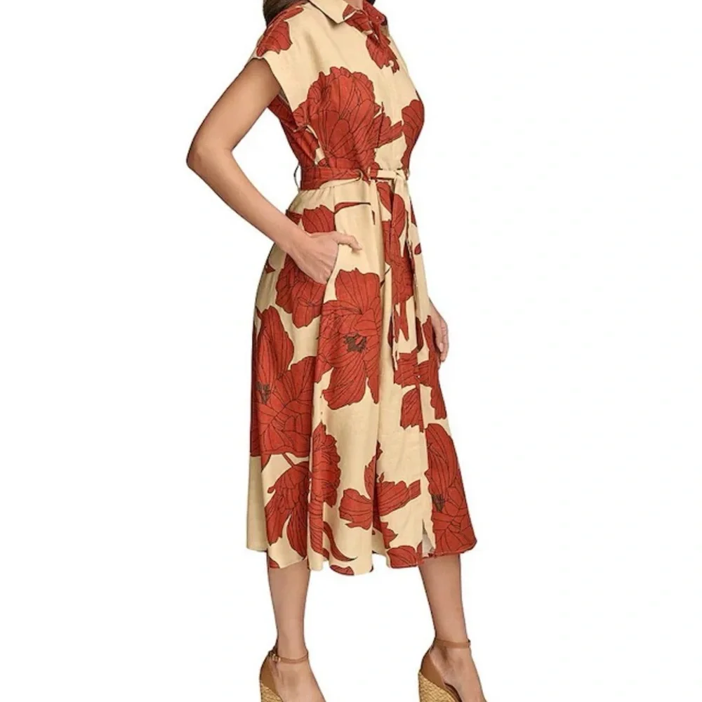 Button-Front Beige and Rust Floral Midi Dress - Picture 3 of 6